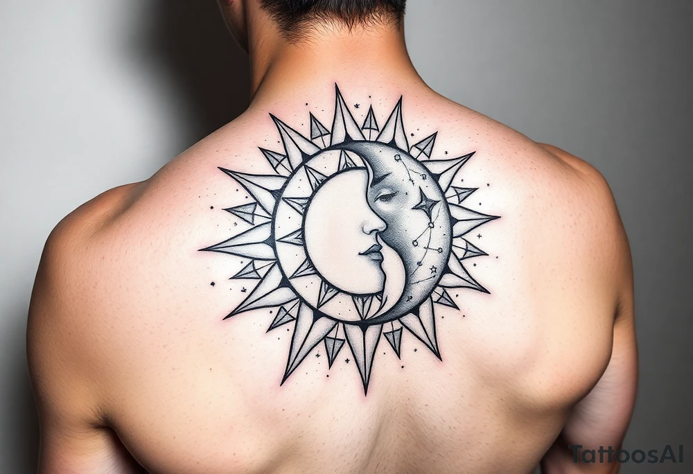 celestial sun and moon embrace with constellation patterns tattoo idea
