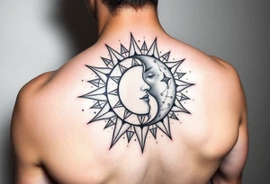 celestial sun and moon embrace with constellation patterns tattoo idea