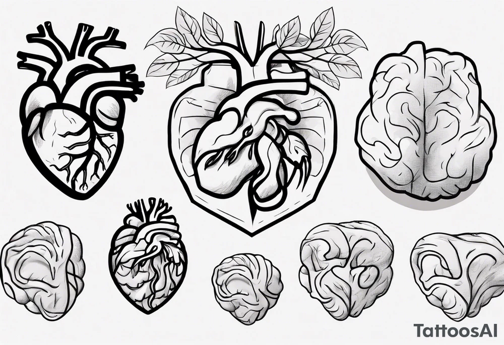 Anatomical heart and anatomical brain in simple line work tattoo idea
