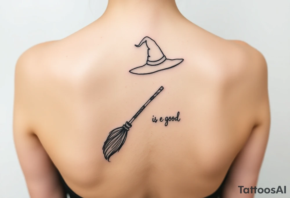Wicked broom and wand with witch hat, and lettering “for good” tattoo idea