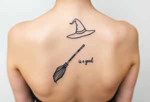 Wicked broom and wand with witch hat, and lettering “for good” tattoo idea