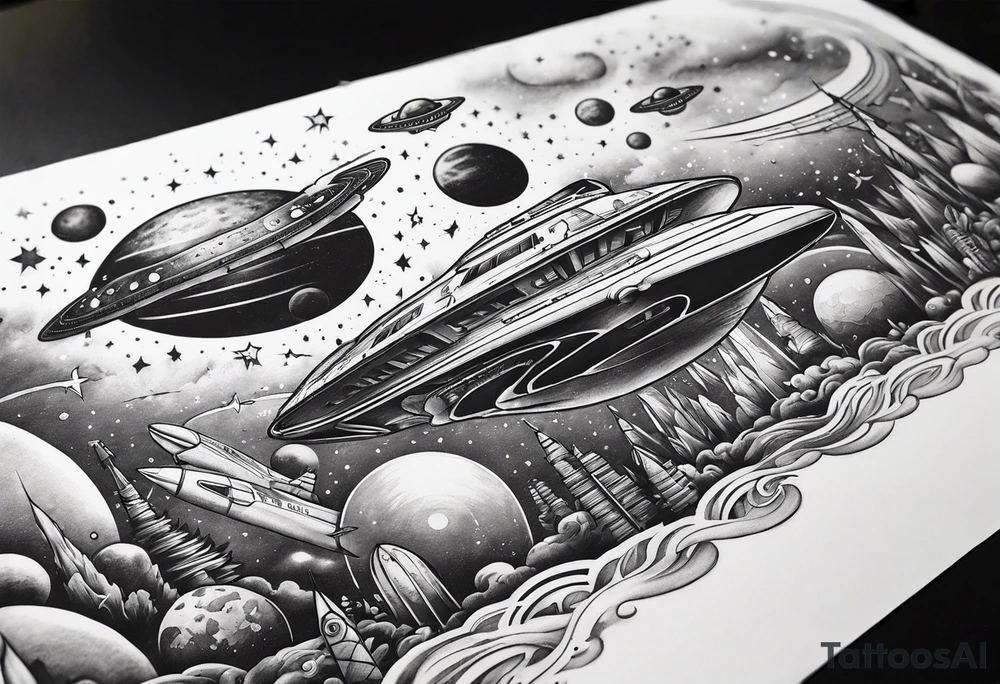 space themed arm sleeve with aliens ufos airplanes and rockets tattoo idea