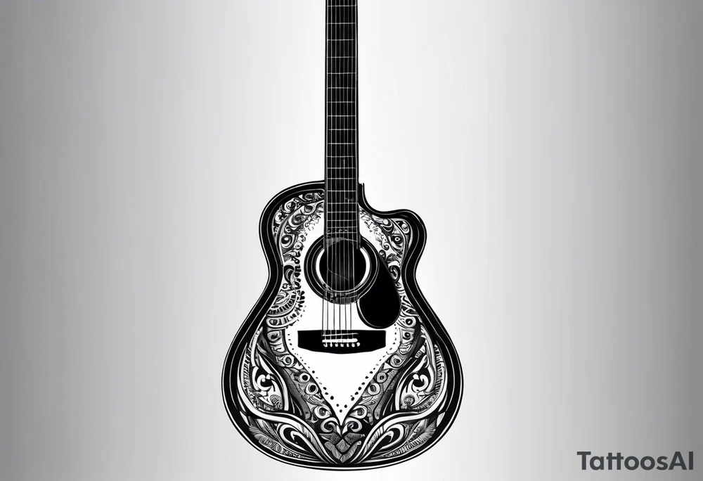 A minimalist guitar design, small in size, with clean lines and vintage detailing. The guitar represents a deep connection to music, with a classic, understated design that captures its essence without embellishments. tattoo idea