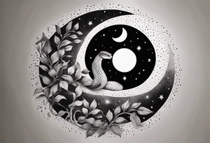 Snakes slithering around the moon phases with hades and Persephone constellations tattoo idea