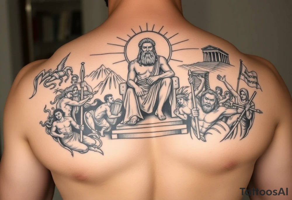 Realism Full chest peice including the Greek gods with zues on his throne looking down from the mountain casting judgement on the people add lighting and Mount Olympus and a temple and a battle scene make zues muscular add hades Medusa and minatour tattoo idea