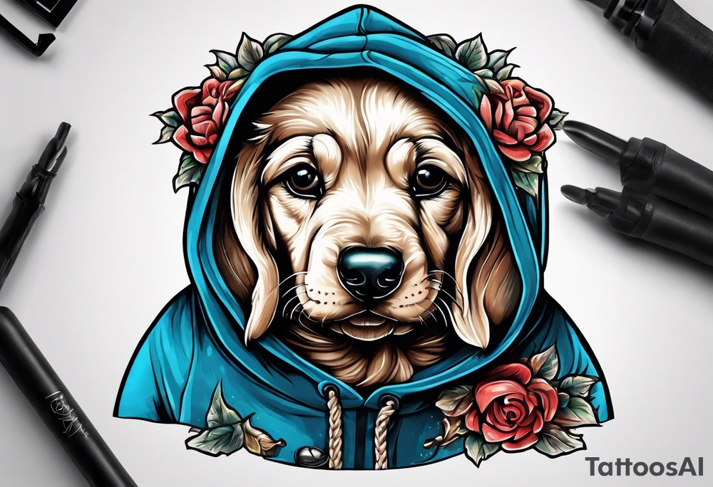 Curberus puppy wearing a hoodie tattoo idea