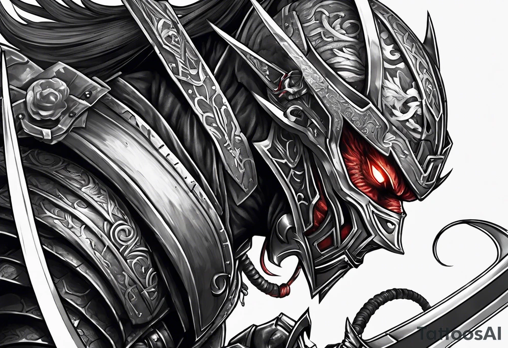 Angry robot demon ninja with demon mask with huge sword fighting in war tattoo idea
