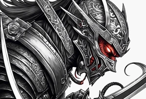 Angry robot demon ninja with demon mask with huge sword fighting in war tattoo idea