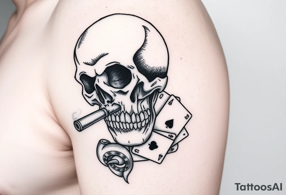 skull with smoking cigar in mouth,a lot of money,playing cards. tattoo idea