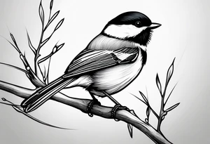 Illustrate a tattoo of a chickadee perched on a twig, focusing on clean lines and minimal detail for an understated design tattoo idea