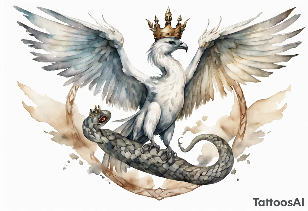 a watercolor of a white bird-serpent hybrid wearing an iron crown, flying in the sky tattoo idea