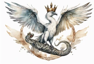 a watercolor of a white bird-serpent hybrid wearing an iron crown, flying in the sky tattoo idea