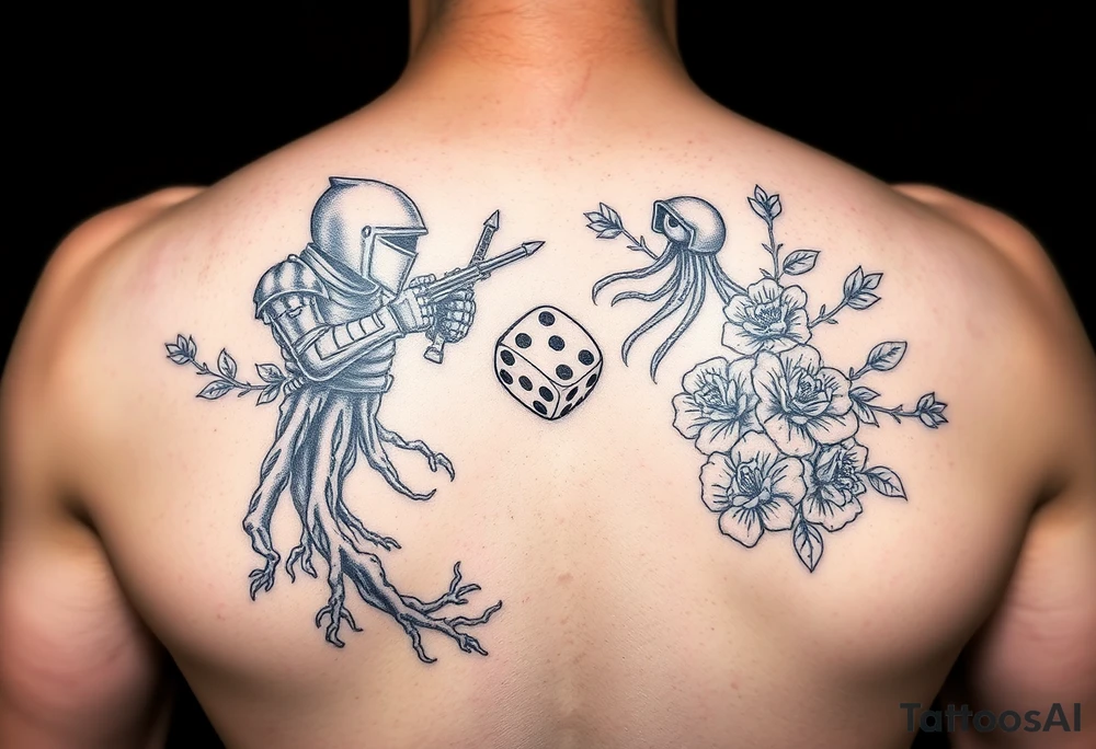 knight and squid combined with tree roots, cherry blossoms and roses rolling dice tattoo idea