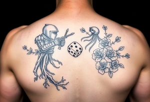 knight and squid combined with tree roots, cherry blossoms and roses rolling dice tattoo idea