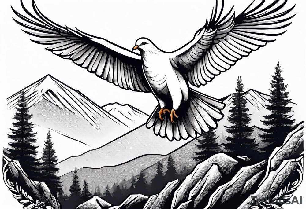 White Dove Perched on a tree branch at the top of the mountain with an eagle soaring overhead tattoo idea