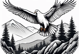 White Dove Perched on a tree branch at the top of the mountain with an eagle soaring overhead tattoo idea