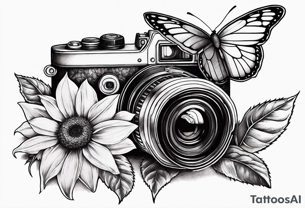 Flower : rose , sunflower, camera, small butterfly tattoo idea