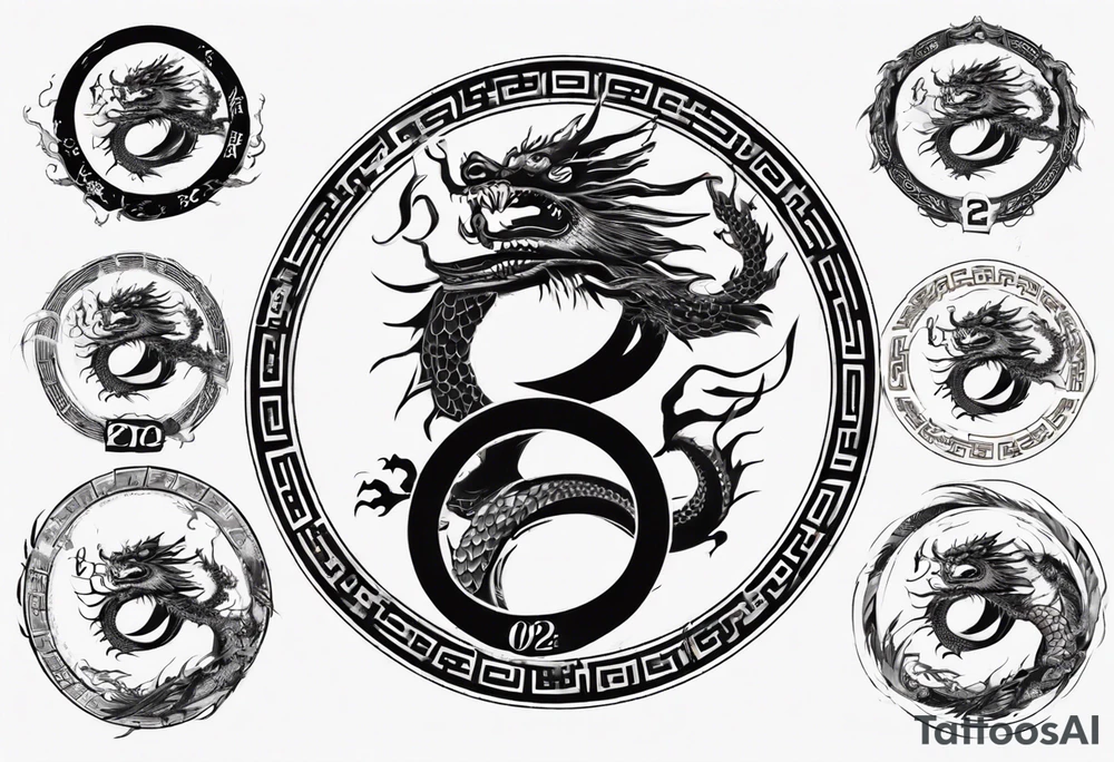 Chinese dragon in a circular shape with "02.03" written on its skin tattoo idea