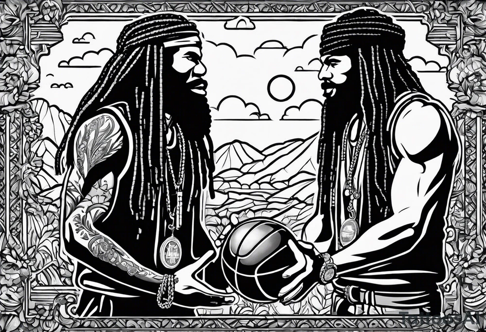 2 Lego figures in one scenery, one of them will be a Rastaman who is looking at the other one dribbling a basketball tattoo idea