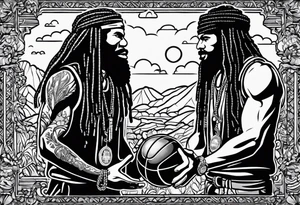 2 Lego figures in one scenery, one of them will be a Rastaman who is looking at the other one dribbling a basketball tattoo idea