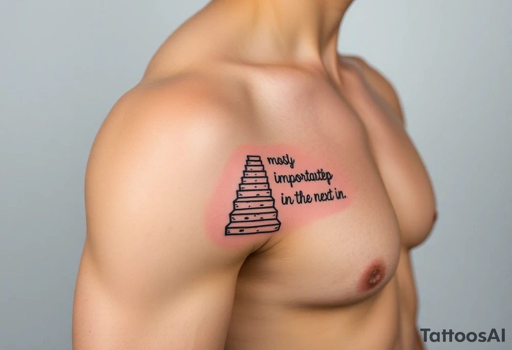 Design a tattoo for the outer arm using the phrase “the most important step a person can take is always the next one” with a geometric path or staircase tattoo idea