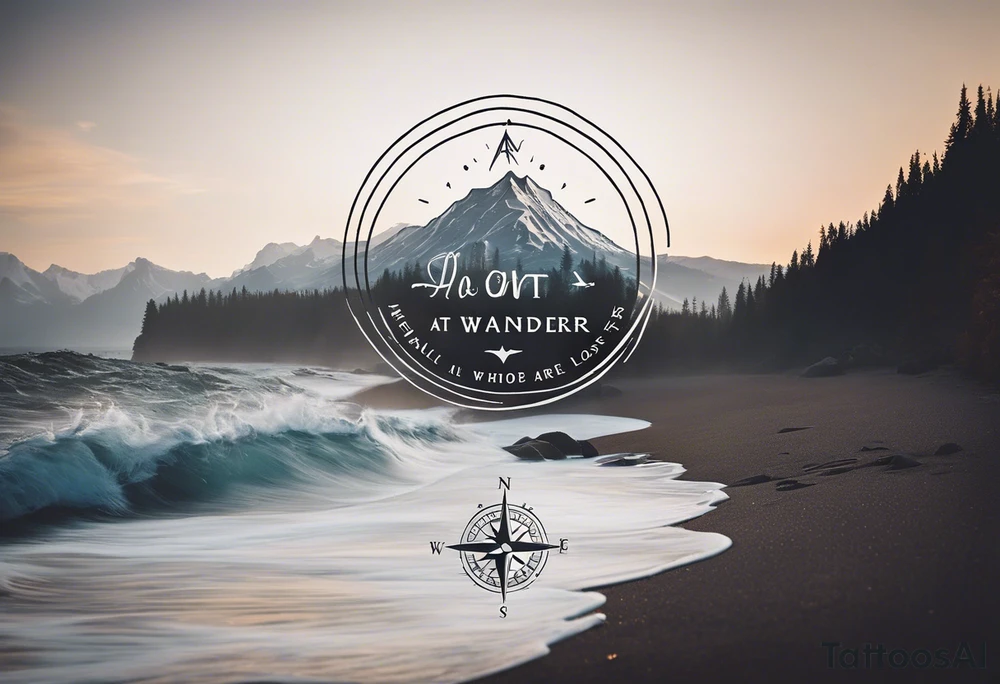 A half sleeve tattoo that features the quote **"Not all who wander are lost"** in elegant script on the outer forearm. Surrounding it are a compass rose and flowing elements like mountains, waves, and trees, symbolizing adventure and nature. Small travel icons like a plane and backpack are interspersed, enhancing the theme of exploration. The design uses a dynamic look that wraps naturally around your forearm. tattoo idea