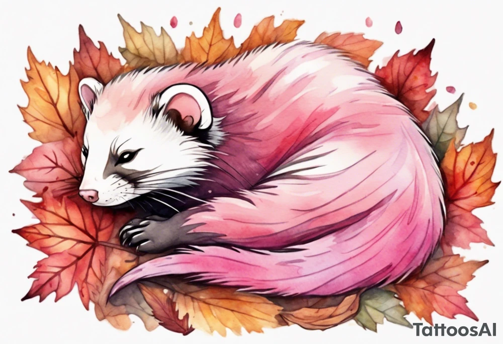 watercolor of a ferret with pink fur and pink ears sleeping in the autumn forest tattoo idea