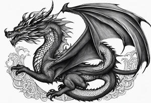 Powerfull magestic medieval black fire dragon tattoo idea