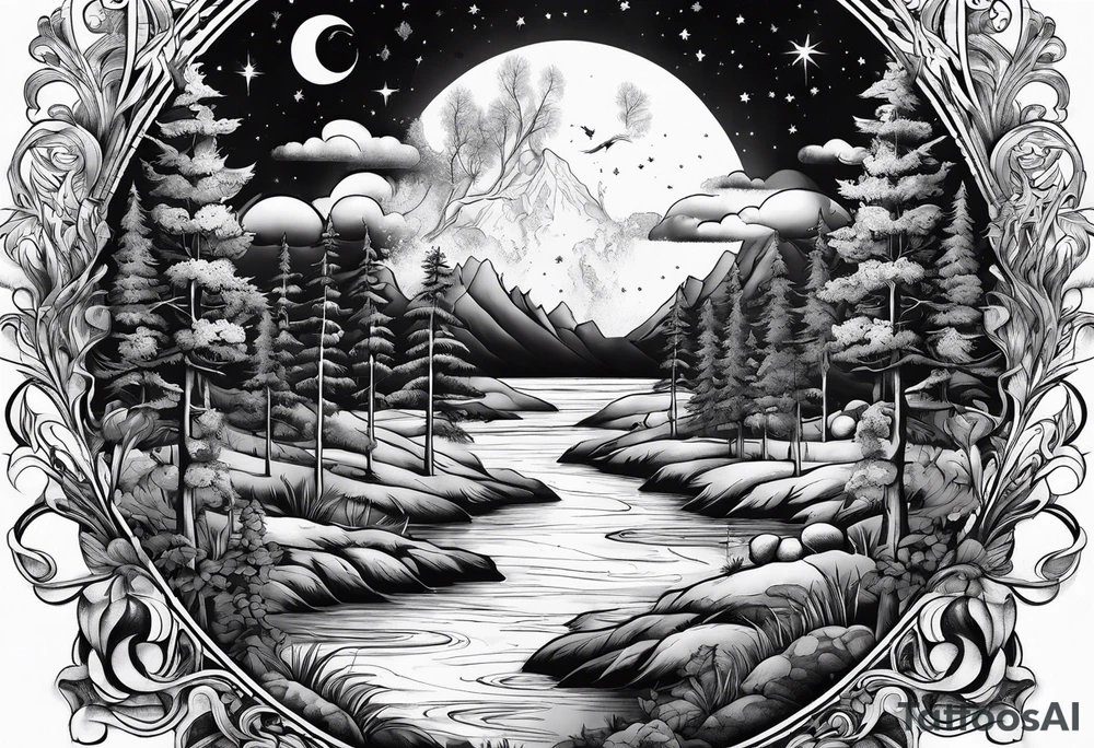 Sun and moon and fire forrest tattoo idea