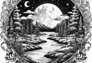 Sun and moon and fire forrest tattoo idea