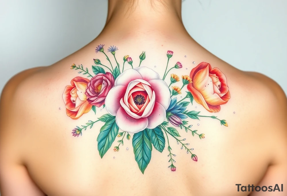 vintage bouquet of wild roses and meadow flowers with morning dew tattoo idea