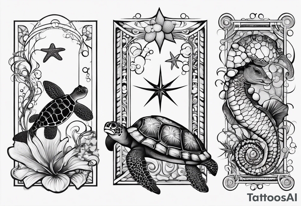 Small Starfish, Seahorse and turtle in a vertical line with bubbles tattoo idea