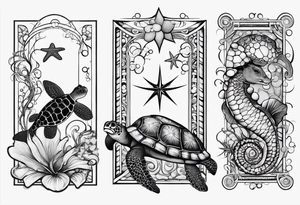 Small Starfish, Seahorse and turtle in a vertical line with bubbles tattoo idea