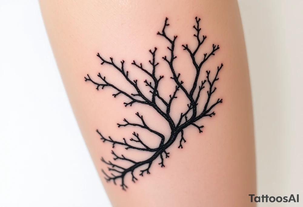 Photorealistic tattoo design of Asparagopsis taxiformis red algae, detailed texture, natural branching pattern, underwater appearance, suitable for calf placement, flowing upward” tattoo idea