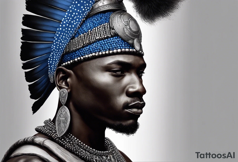 Black-skinned bald african warrior. He wears a simple and small silver crown. He uses two simple necklaces: one blue, other red. tattoo idea