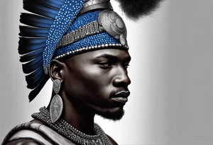 Black-skinned bald african warrior. He wears a simple and small silver crown. He uses two simple necklaces: one blue, other red. tattoo idea