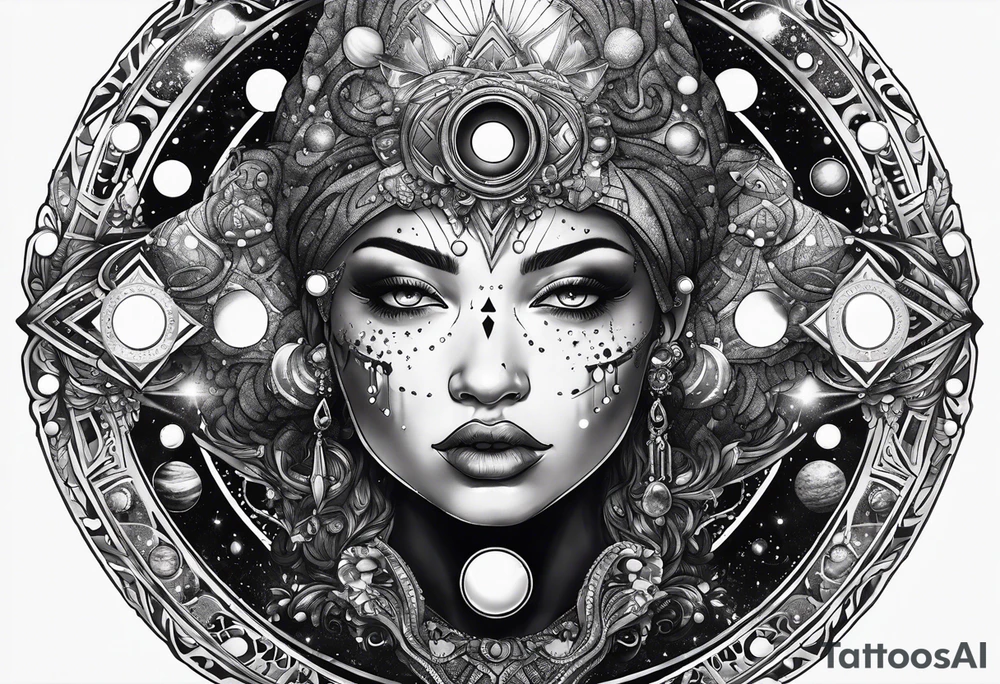 A tekno raver whose face is a mirror reflecting a cosmic scene with planets, black holes, and supernovae. tattoo idea