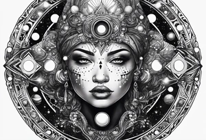 A tekno raver whose face is a mirror reflecting a cosmic scene with planets, black holes, and supernovae. tattoo idea