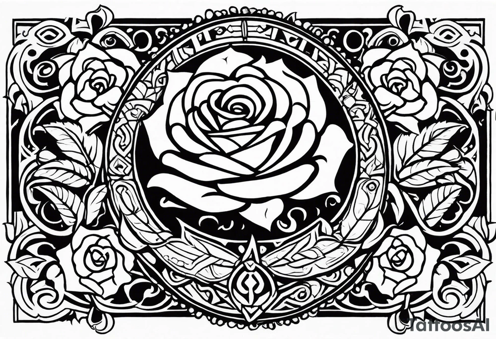 Design a masculine tattoo depicting three delicate rose buds being embraced and protected by 
Aztec weapons. The weapons should include elements such as the macuahuitl (Aztec sword-club), obsidian blades, and Mayan calendar, arranged in a way that forms a protective circle or embrace around the roses. Carve the entire image as if it were a stone sculpture by an ancient Aztec artist, with the texture resembling intricately detailed stone carvings. The roses should be slightly softer but still stylized in stone, giving the entire tattoo a powerful, yet artistic and ancient feel. Use bold, sharp lines to capture the essence of Aztec craftsmanship tattoo idea