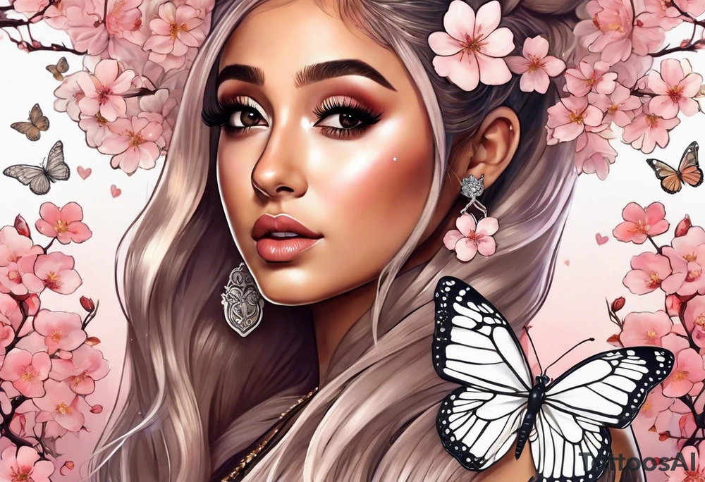 Ariana Grande surrounded in a golden aura with cherry blossoms and white butterflies with a key that unlocks a heart tattoo idea