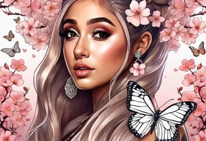 Ariana Grande surrounded in a golden aura with cherry blossoms and white butterflies with a key that unlocks a heart tattoo idea