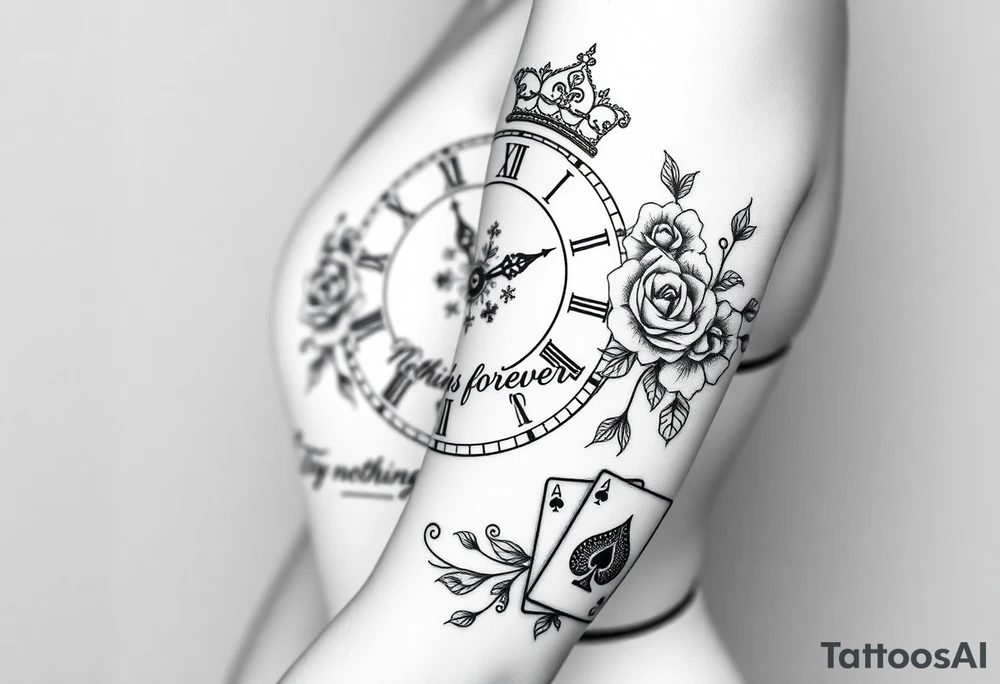 Roman clock with roses and a crown,  a quote that says nothings forever. and on the bottom a deck of cards tattoo idea