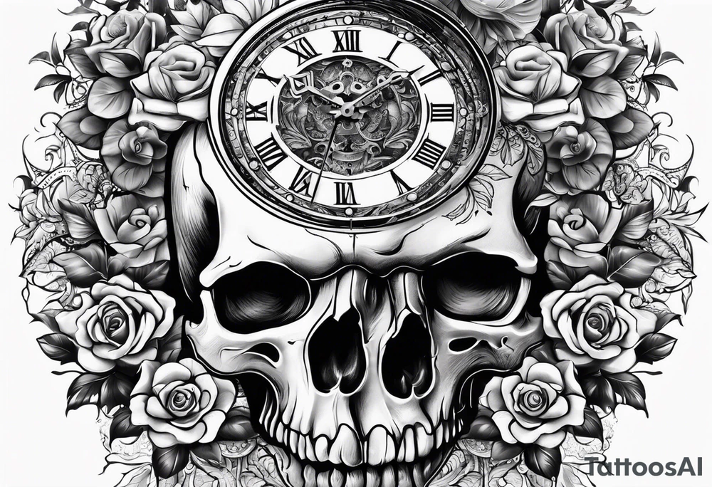 clock and skull tattoo idea