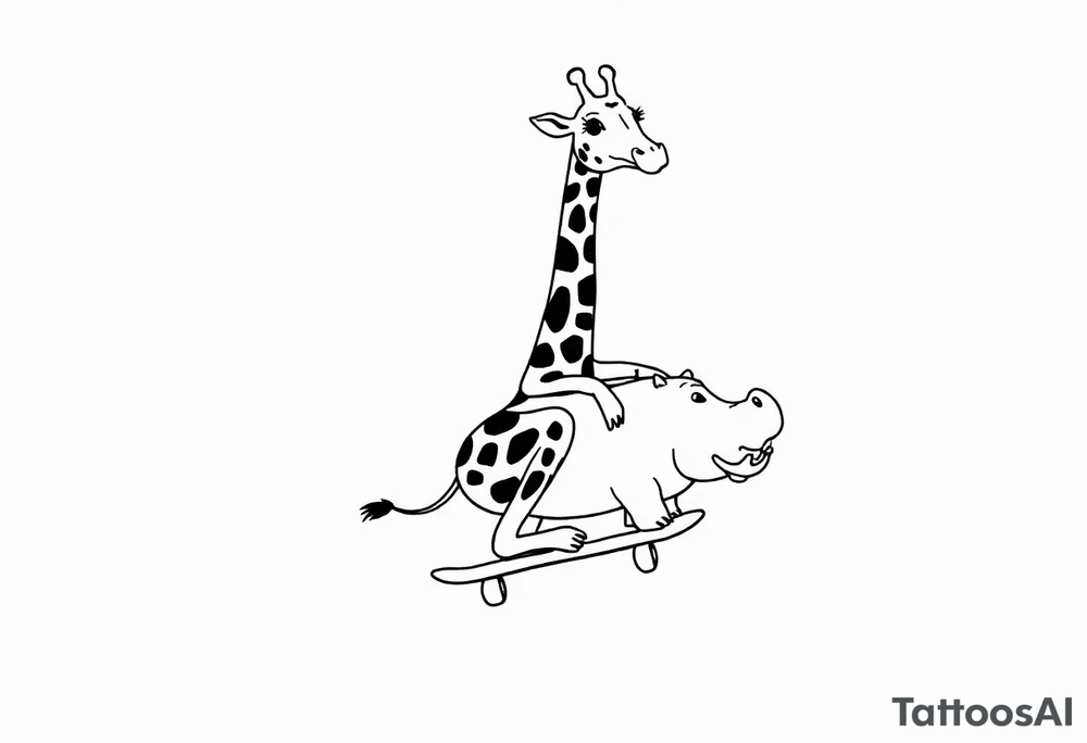 Majestic giraffe riding a skateboard and eating a hippo sandwich tattoo idea