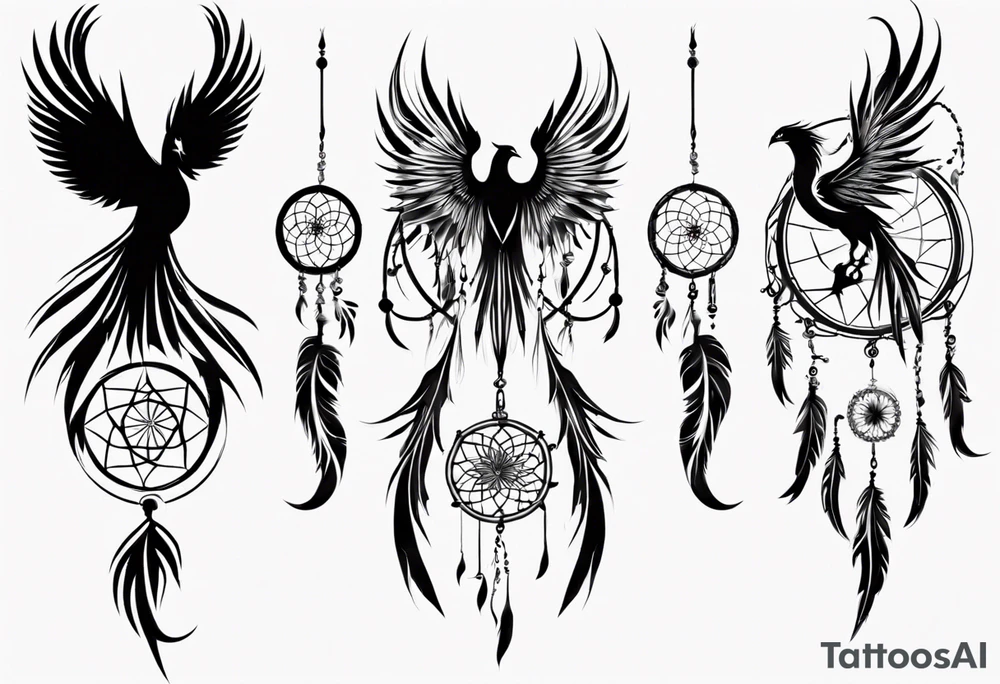 Vertical Phoenix with abstract dream catcher tail tattoo idea Vertical Phoenix with abstract dream catcher tail tattoo idea