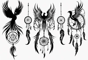 Vertical Phoenix with abstract dream catcher tail tattoo idea