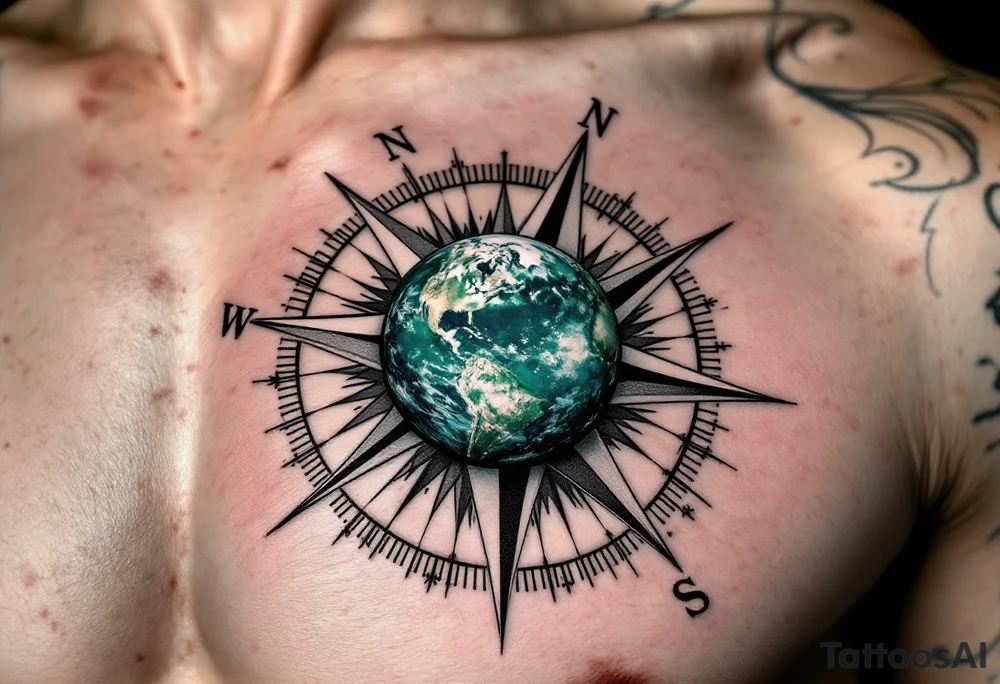 A small detailed Earth in rich cobalt and forest green floats inside a fine black geometric compass. tattoo idea