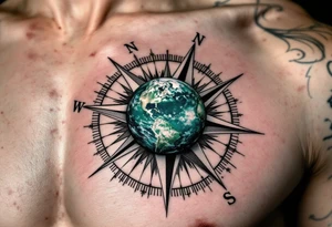 A small detailed Earth in rich cobalt and forest green floats inside a fine black geometric compass. tattoo idea