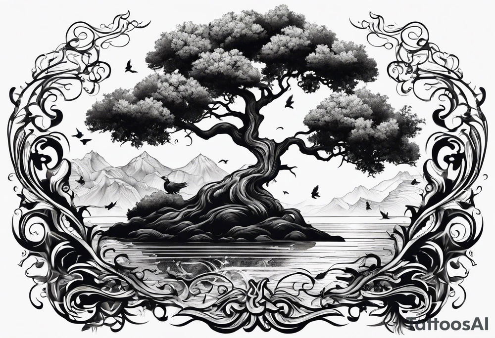 oak tree with phoenix and roots and waves and three birds tattoo idea