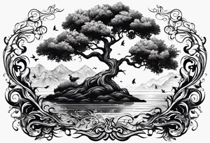 oak tree with phoenix and roots and waves and three birds tattoo idea